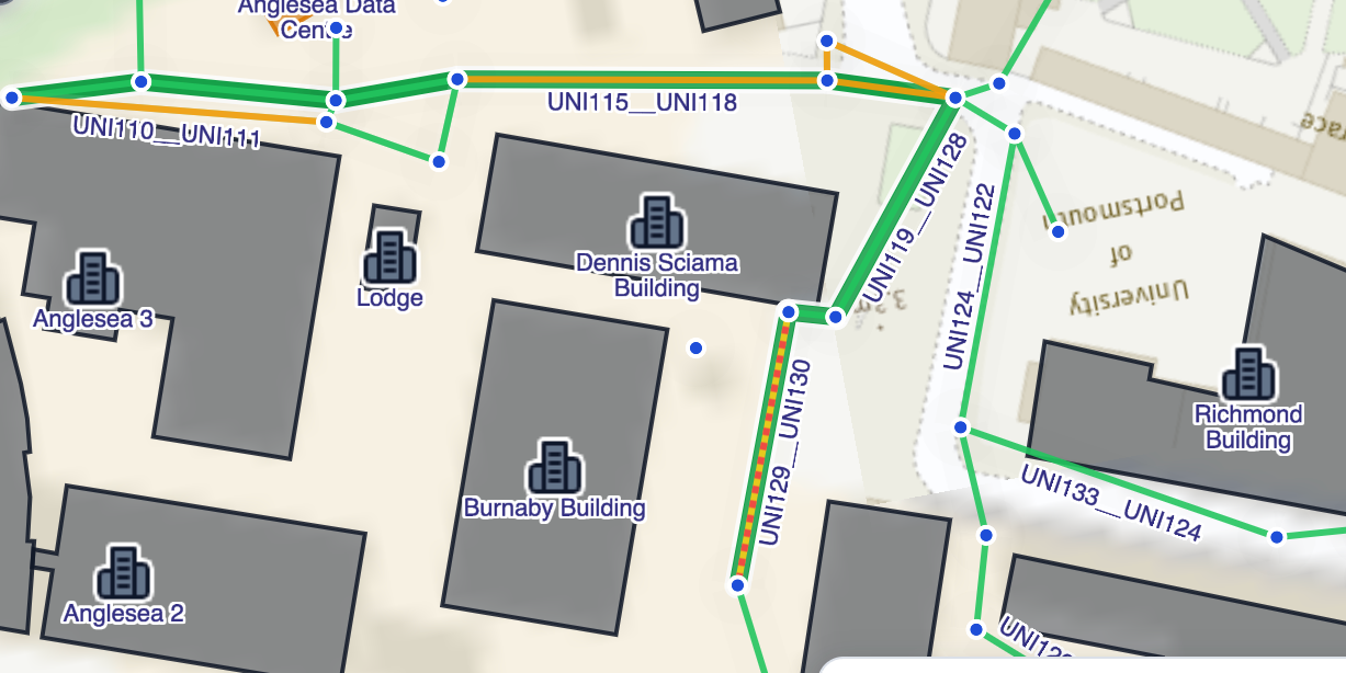 Zoomed-in campus map showing the real duct network used by the Route Planner