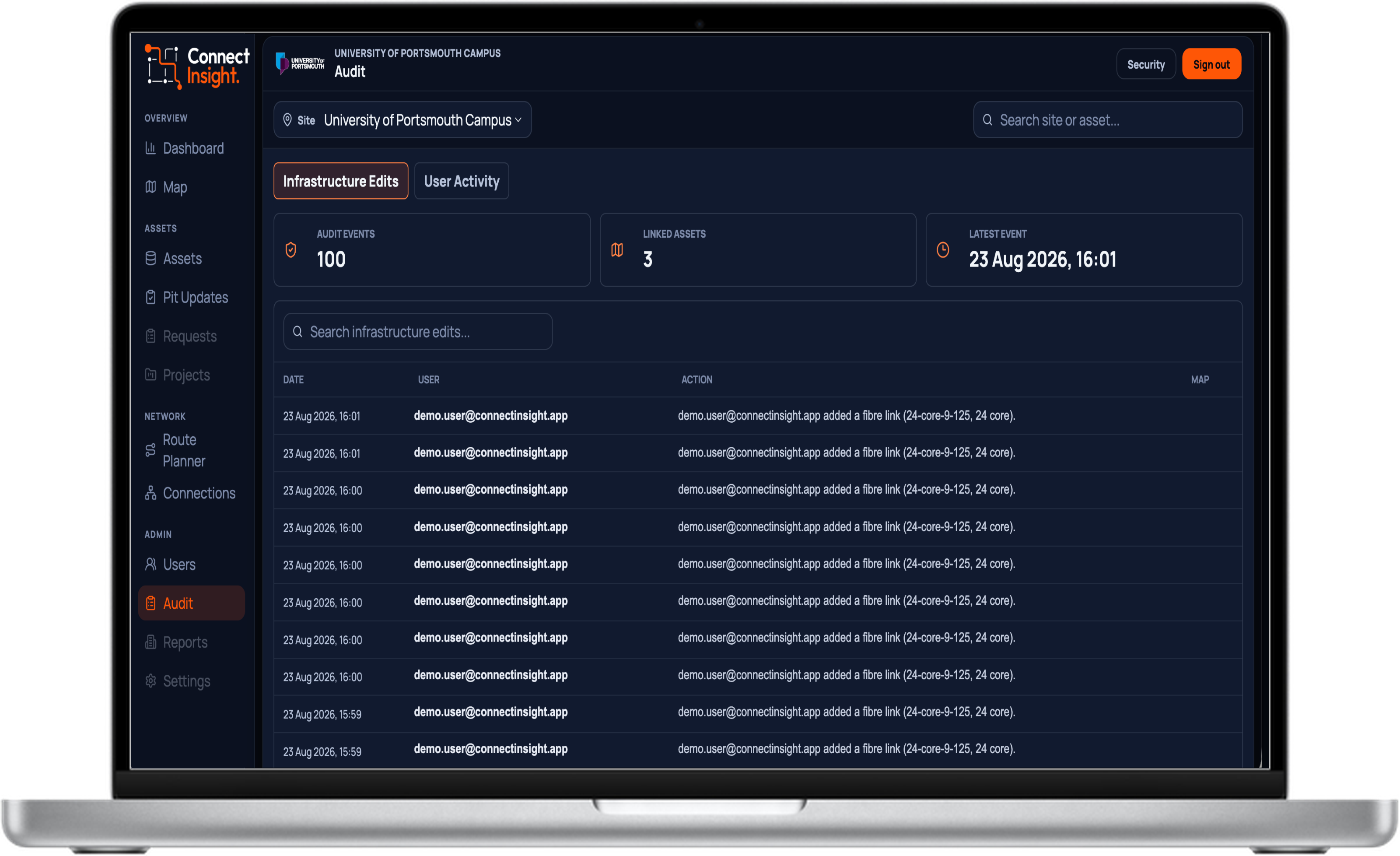 Audit log showing every infrastructure edit attributed to a user with a timestamp, on a laptop