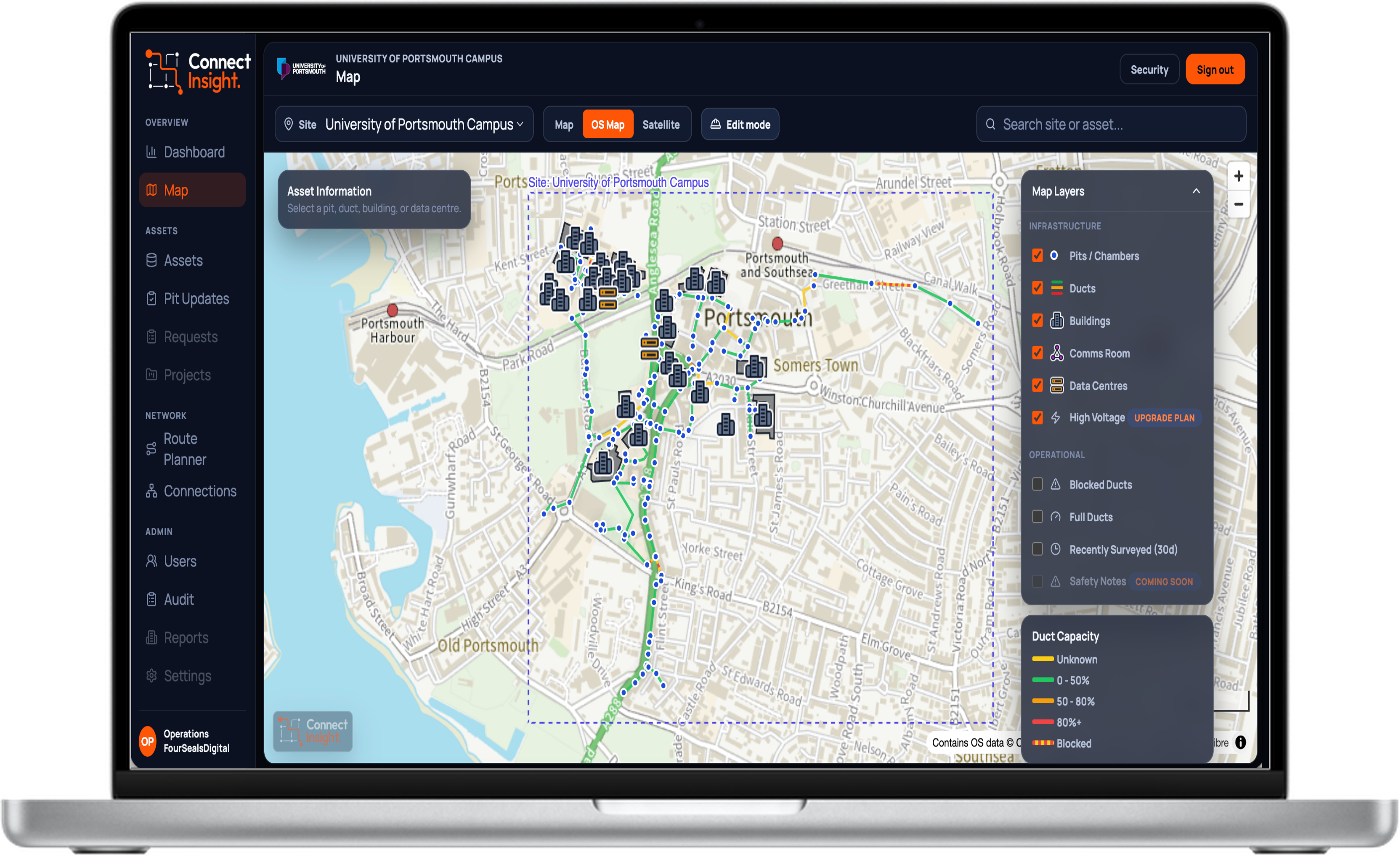 Connect Insight live map of the University of Portsmouth campus, shown on a laptop